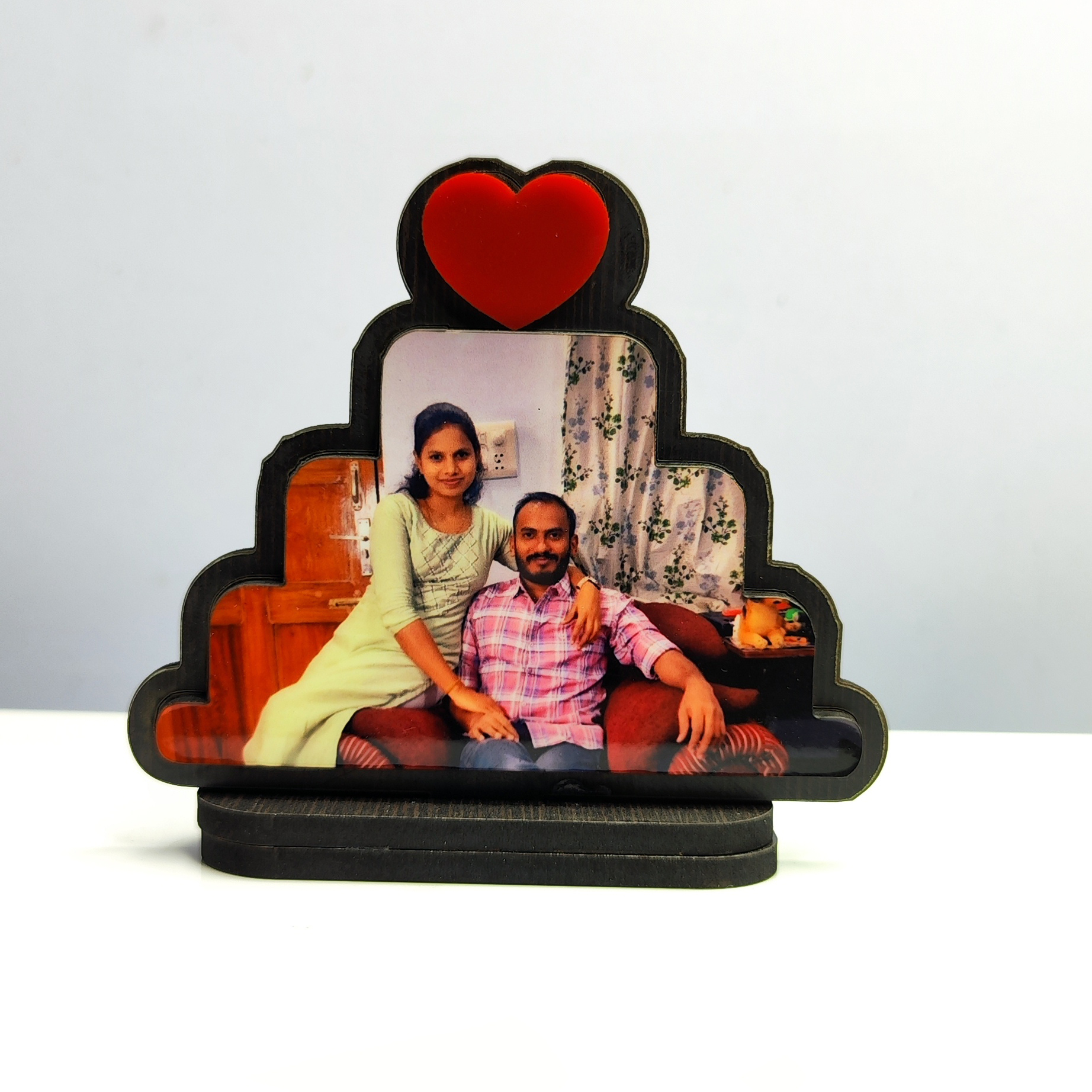 Romantic Couples Photo Print with Red Love Logo – Custom 5×4 Wooden MDF Print for Lovers